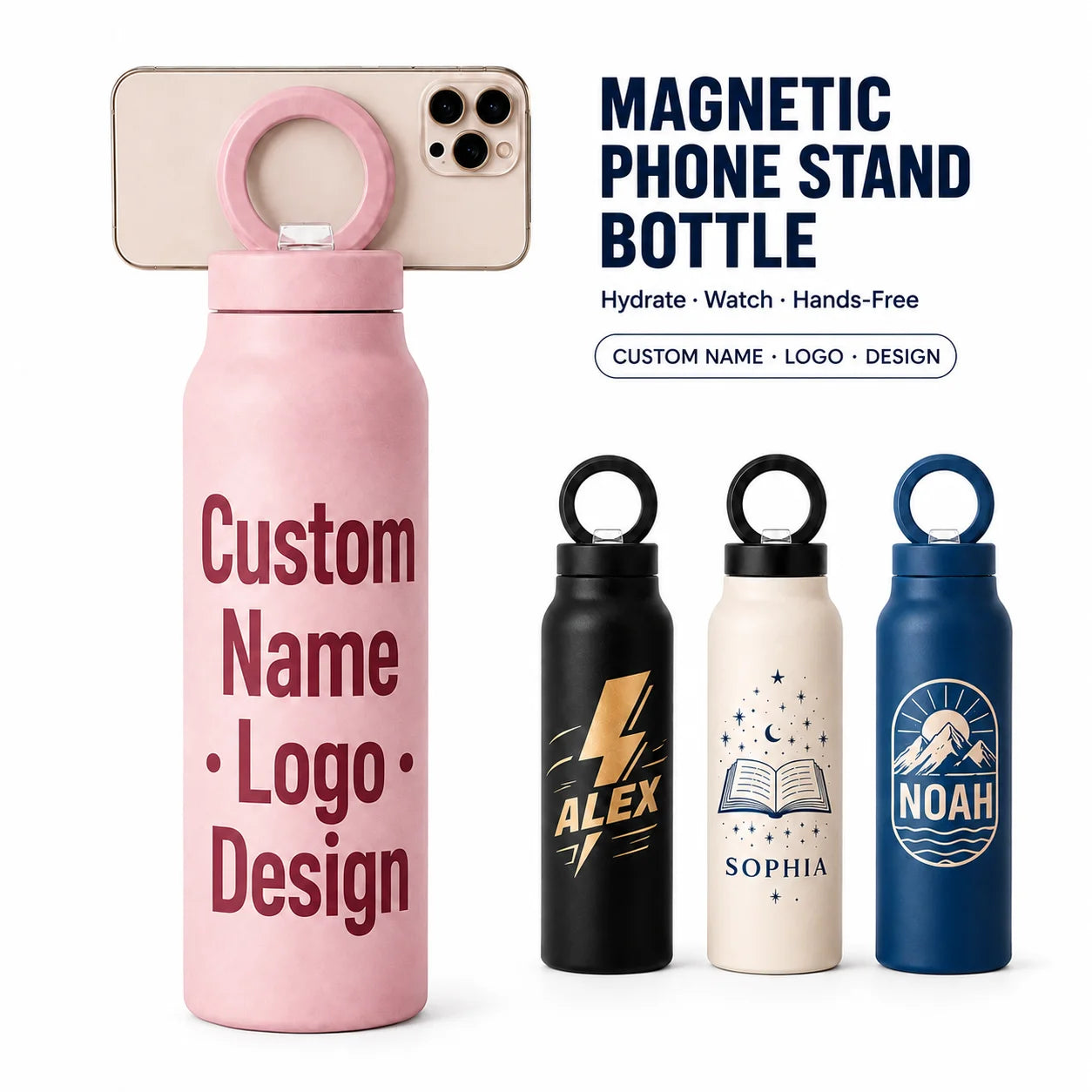 Personalized Insulated Water Bottle with Magnetic Phone Holder Custom Name Logo Stainless Steel Flask Gift for Women Men